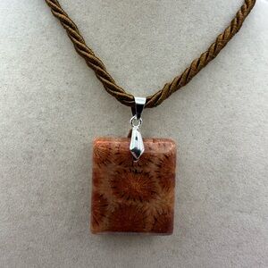 Coral Fossil Pendant Necklace on Brown Satin Polyester Rope